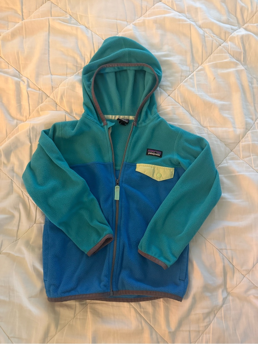 Patagonia Teal & Blue Hooded Fleece with Yellow Pocket Accent